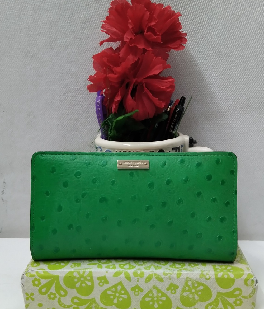 Kate Spade Green Leather Ostrich Skin Embossed Credit Card ID Window Wallet